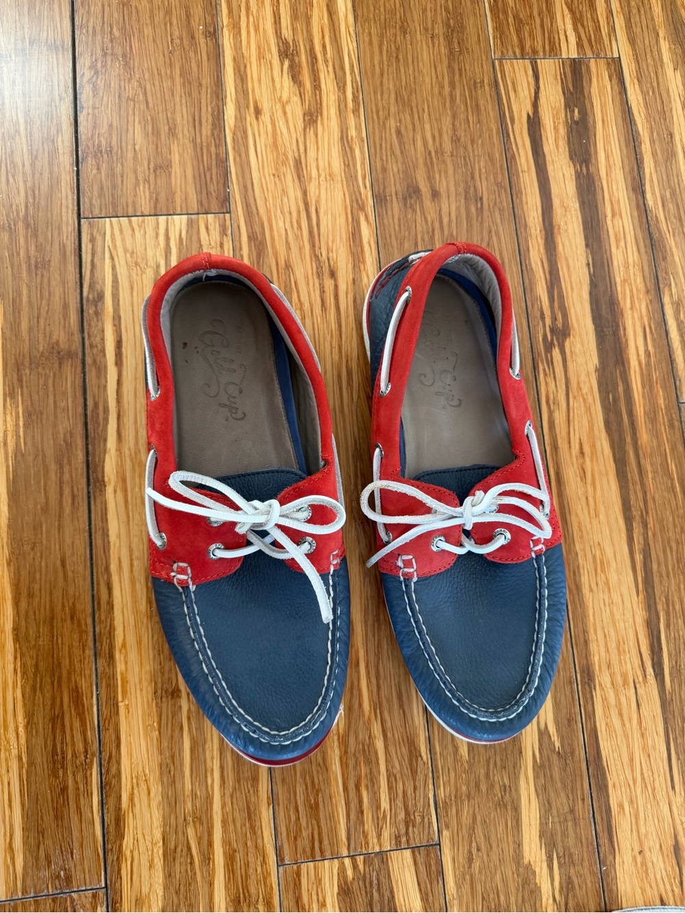 Sperry Navy Leather and Red Suede Boat Shoes with White Laces